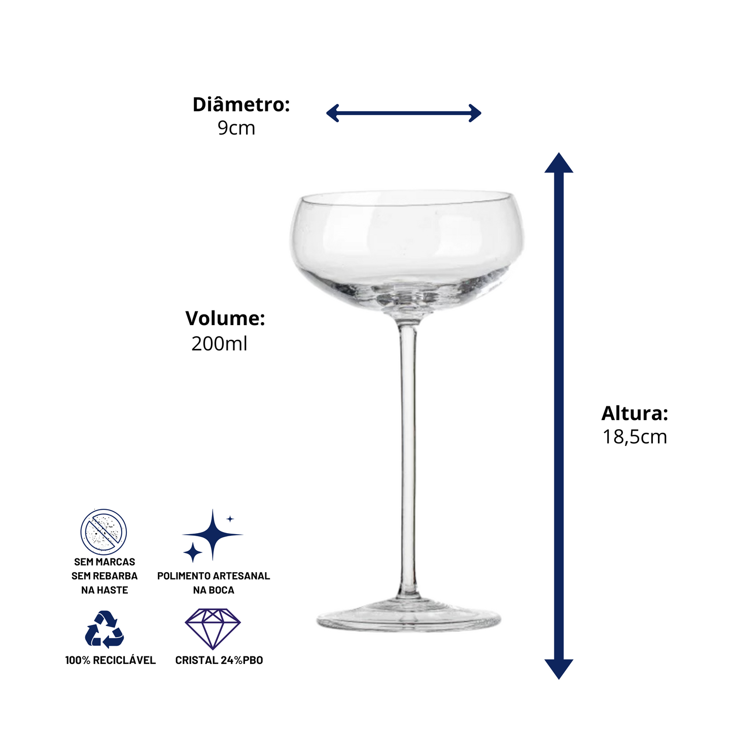Taça de Cristal Cocktail Balneário para Espumante 200ml | Cristal Blumenau