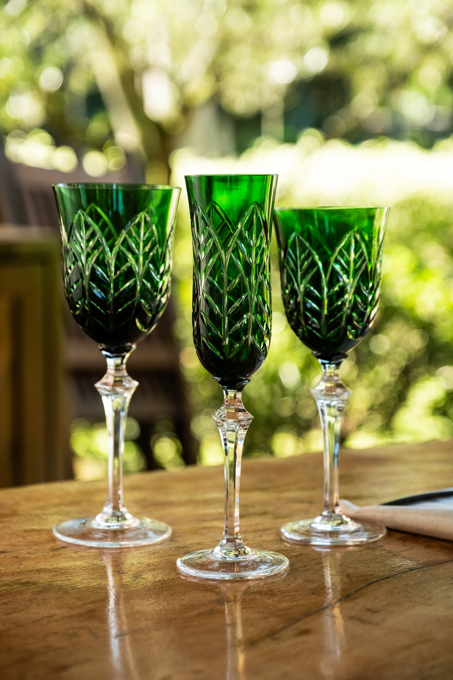 Taça de Cristal Botânica Lapidado 73 P/ Champagne Verde Escuro | Cristal Blumenau