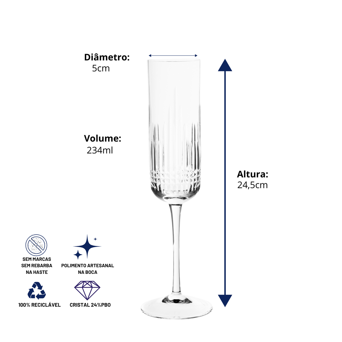 Jogo de 6 Taças de Cristal Versailles Lapidado 42 P/ Champagne | Cristal Blumenau