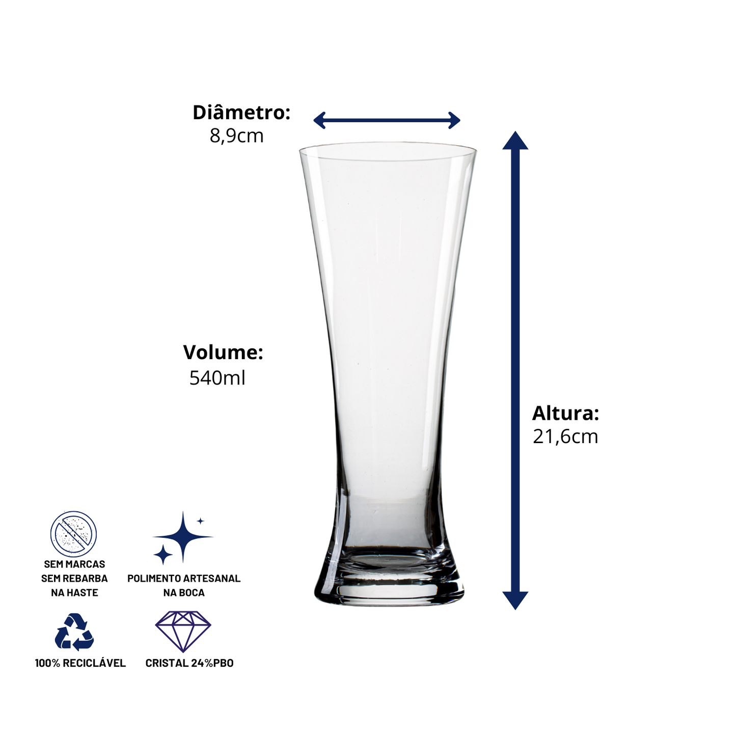 Tulipa de Cristal Premium Weiss Lisa para Cerveja 540ml | Cristal Blumenau