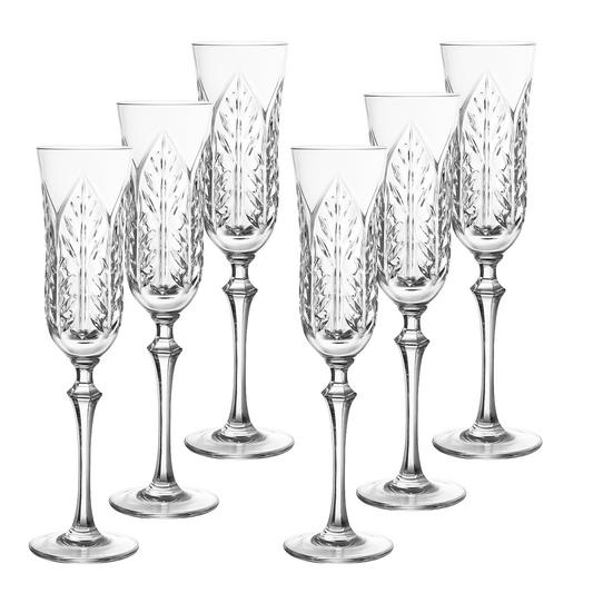 Jogo de 6 Taças de Cristal Feuillage Lapidado 73 P/ Champagne | Cristal Blumenau