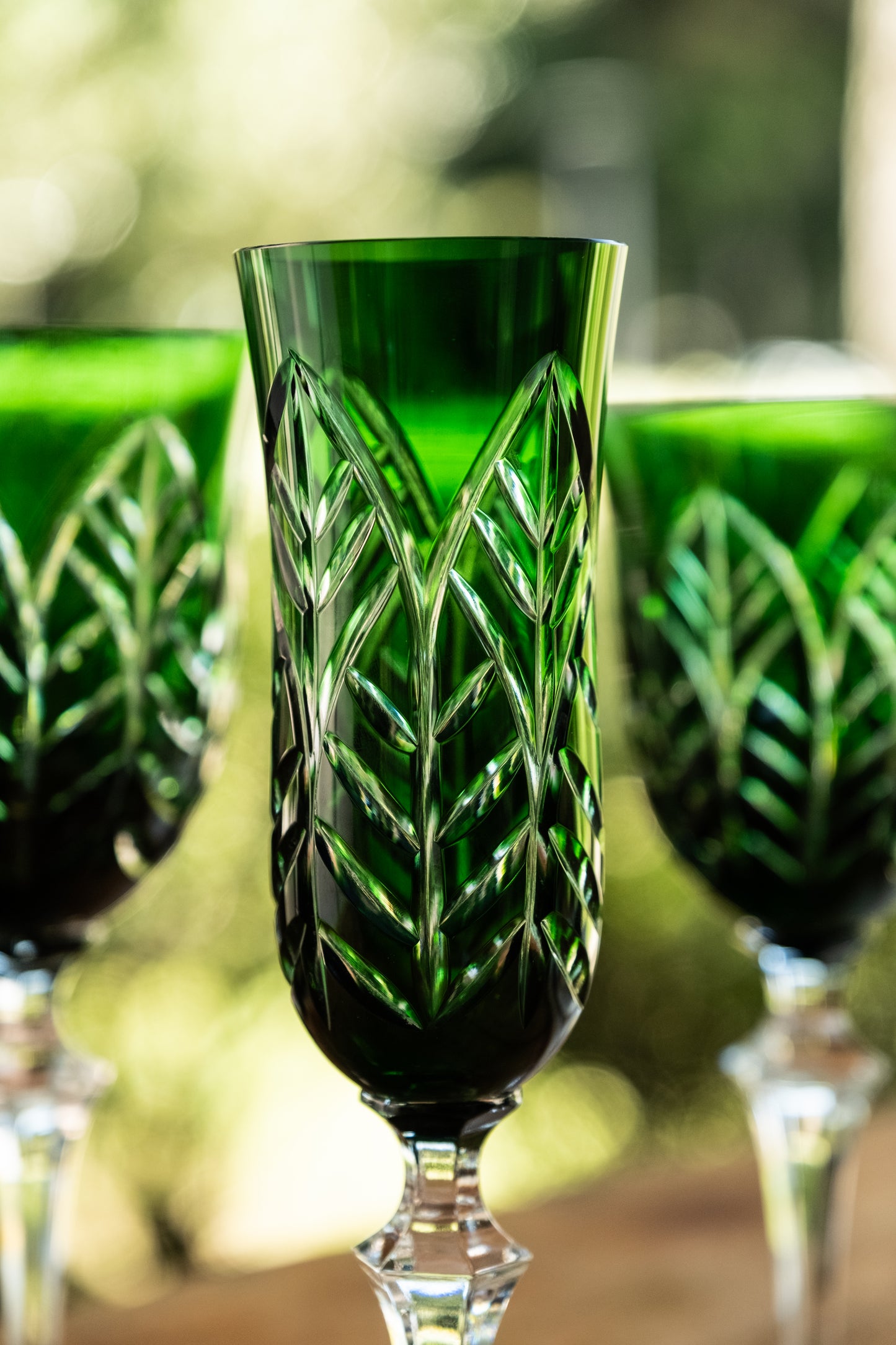 Taça de Cristal Feuillage Lapidado 73 P/ Champagne Verde Escuro | Cristal Blumenau
