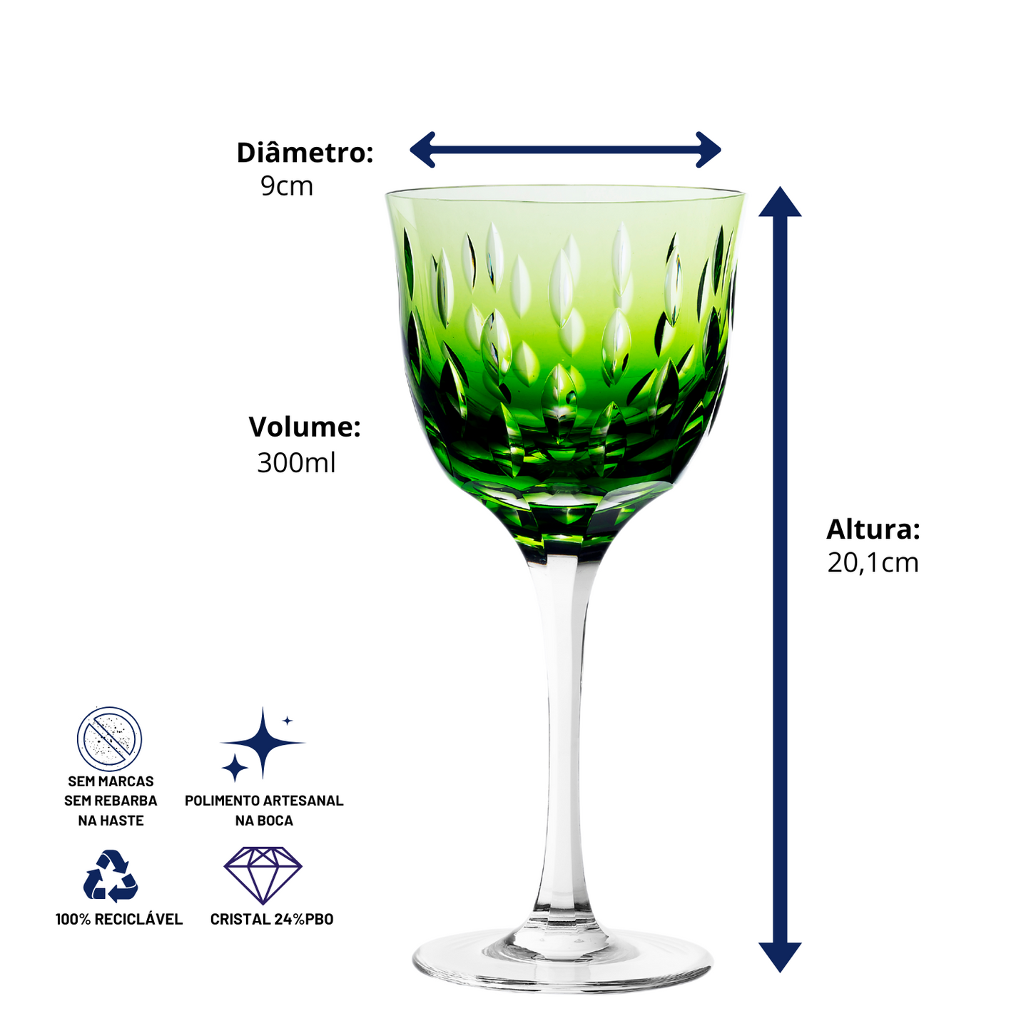 Taça de Cristal Primavera Lapidado 71 P/ Vinho Tinto Verde Claro | Cristal Blumenau