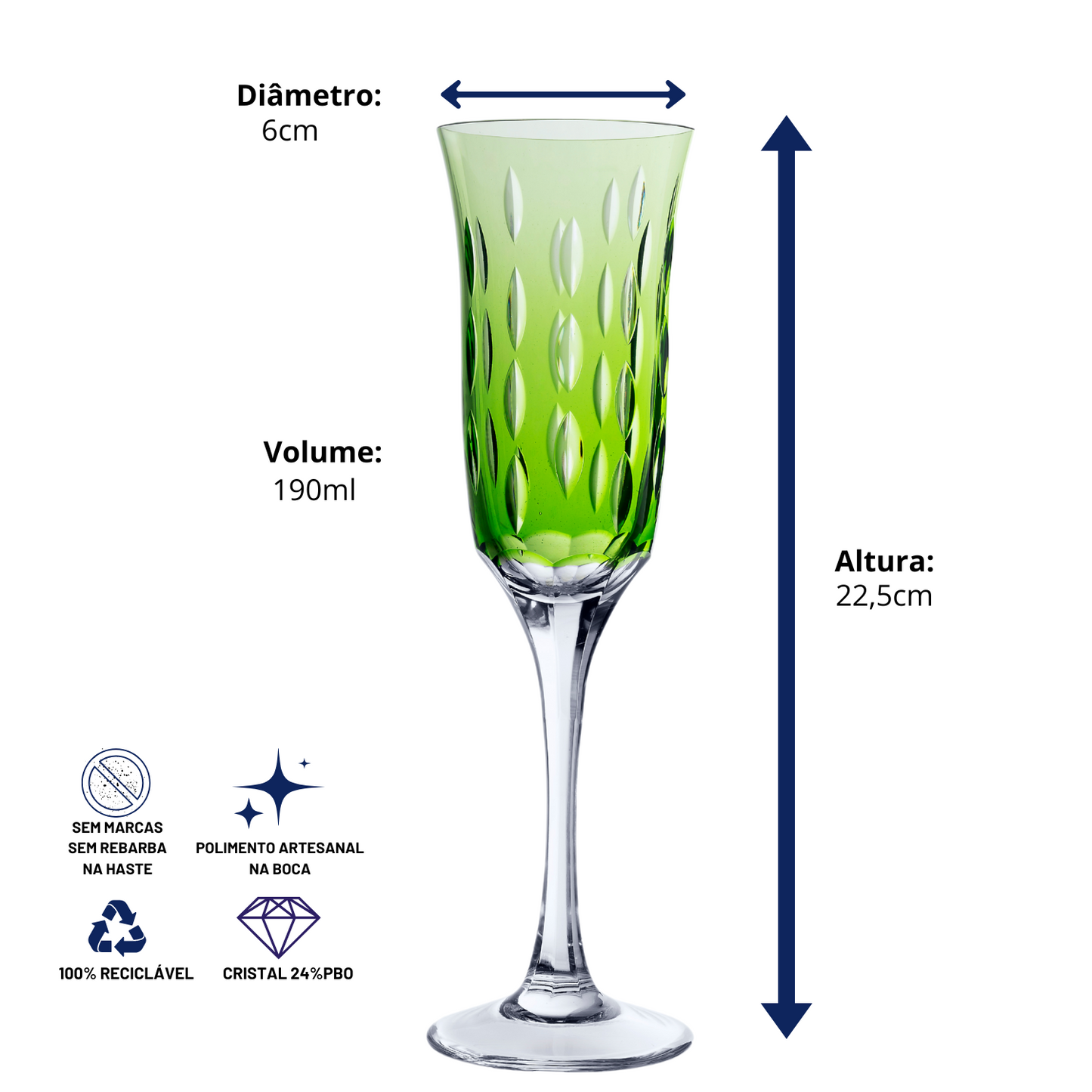 Taça de Cristal Primavera Lapidado 71 P/ Champagne Verde Claro | Cristal Blumenau